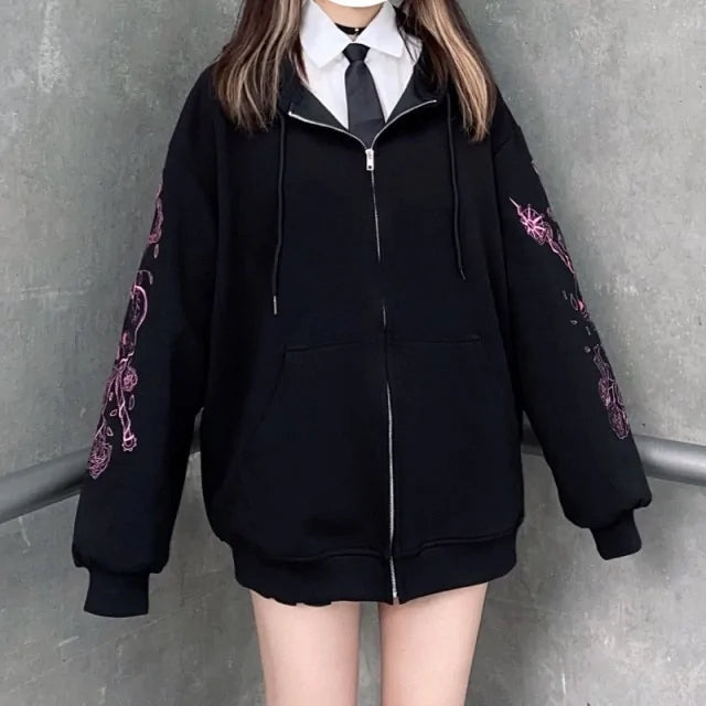 Gothic Black Zip-Up Hoodie For Women