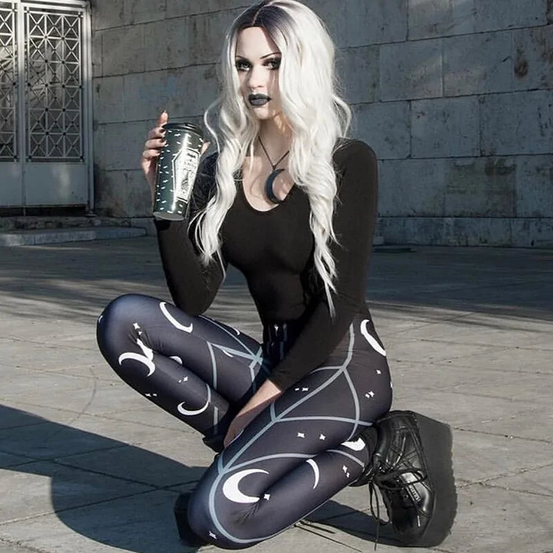 Stylish Black Moon Print Leggings For Women