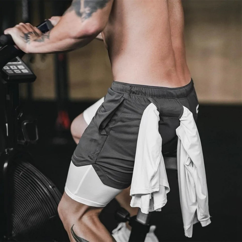 2 in 1 Running Shorts with Built-in Pocket Lining For Men