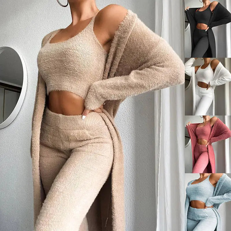 Fluffy Warm Crop Top & Skinny Pants With Longline Coat Suit Set  - 3 PCS