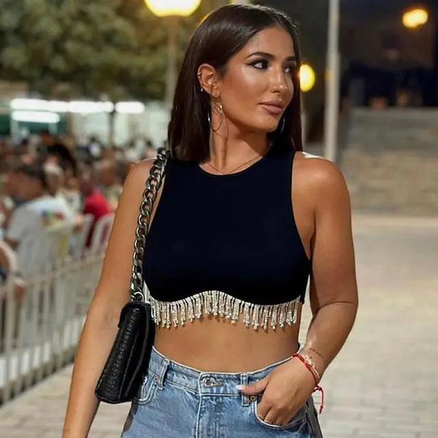 Elegant Rhinestone Tassel Cropped Top For Women